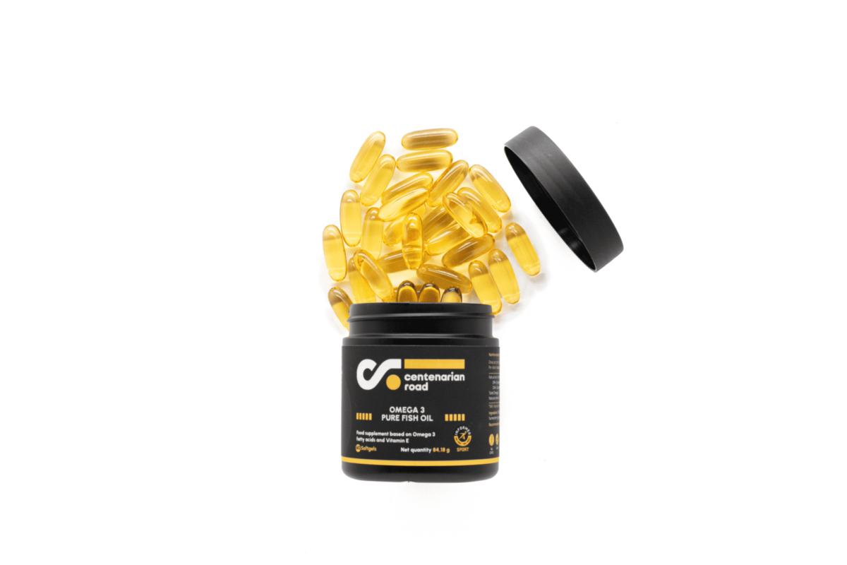 Aceite de pescado puro Omega-3 Centenarian Road con EPA y DHA para salud cardiovascular y cerebral