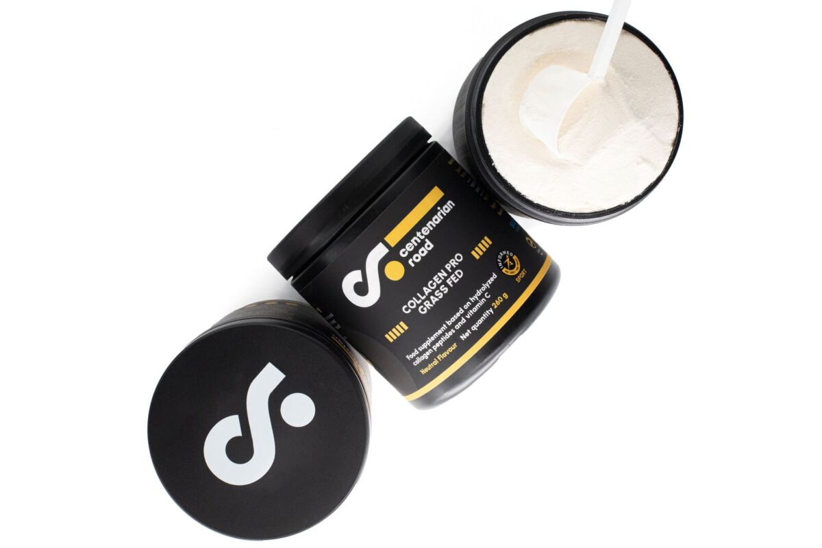 Bote de colágeno hidrolizado con vitamina C de Centenarian Road, suplemento para la salud de la piel y articulaciones.