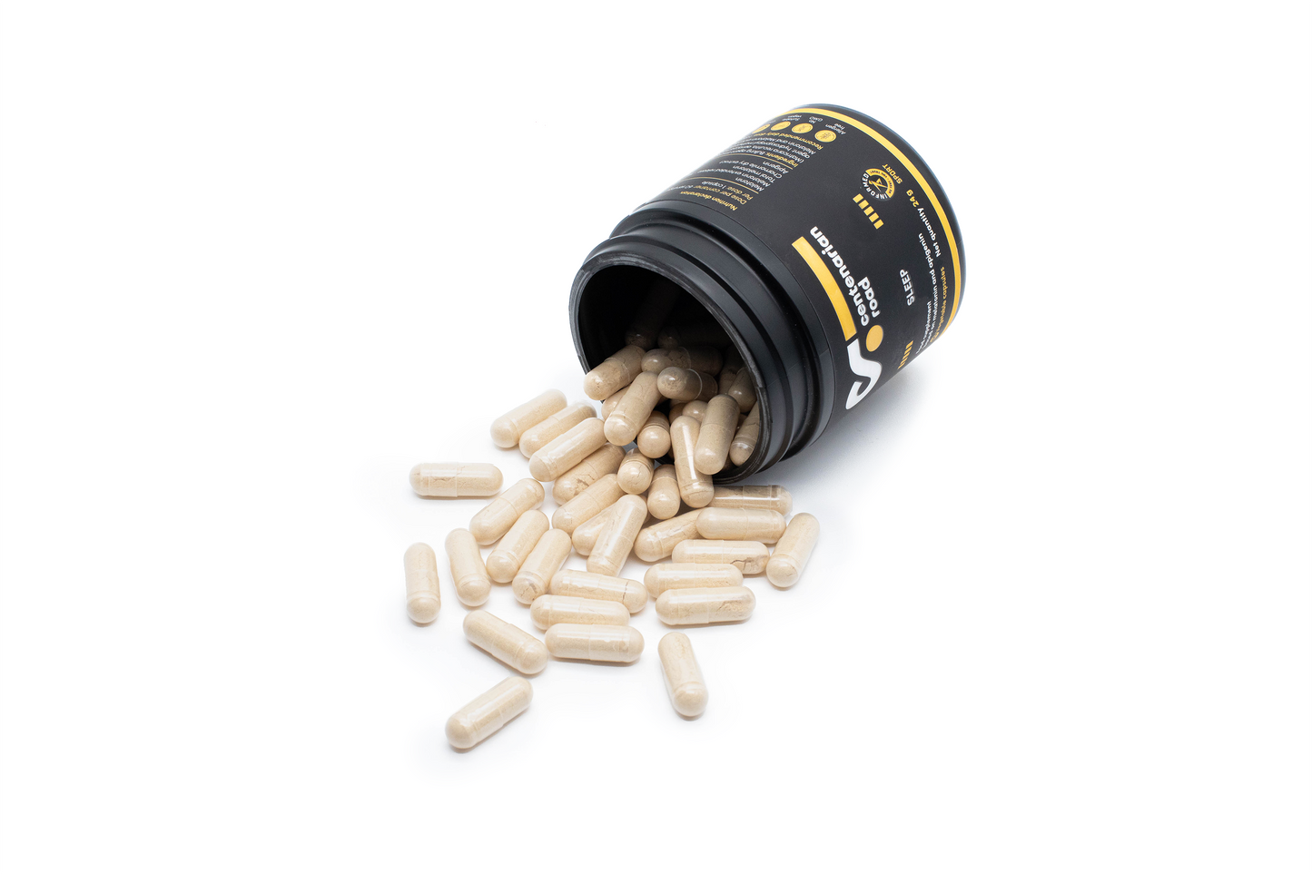 Centenarian Road Sleep supplement bottle with melatonin and magnesium, surrounded by lavender and chamomile for natural sleep support.