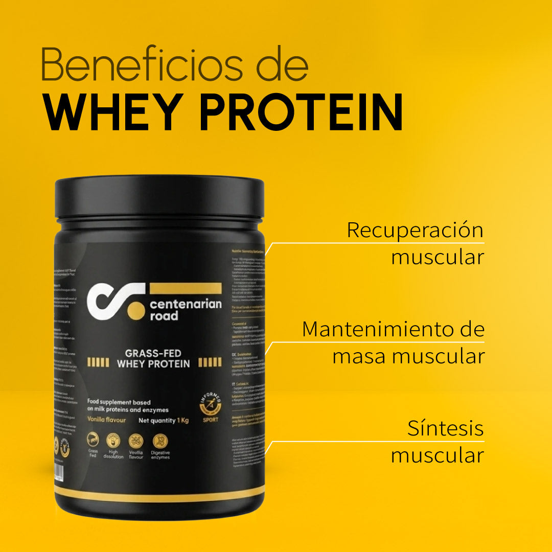 Imagen informativa con tres beneficios de la proteína Centenarian Road: masa muscular, recuperación post-entreno y aporte diario de proteína