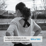 Mujer de espaldas junto a un mensaje sobre colágeno hidrolizado Solugel® de Centenarian Road