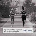 Two women seen from behind with messaging about ATA® and Albion® patented magnesium forms in Centenarian Road Magnesium+