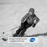 Esquiador en nieve con mensaje sobre la calidad del Omega-3 y sello IFOS del producto