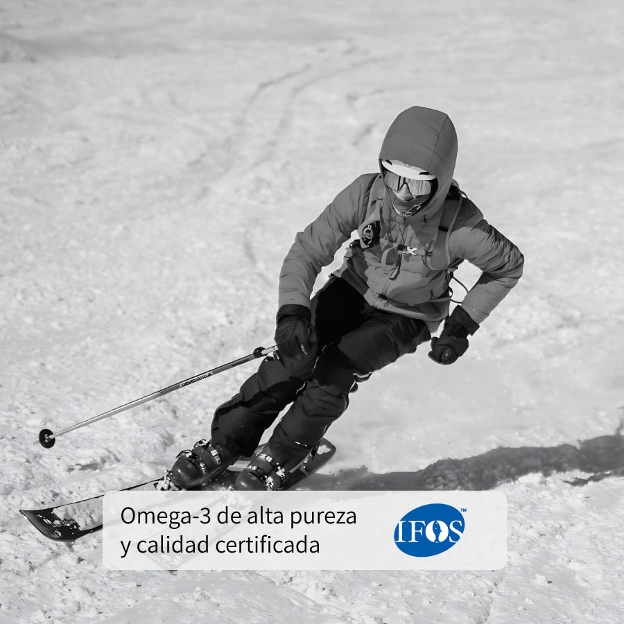 Esquiador en nieve con mensaje sobre la calidad del Omega-3 y sello IFOS del producto