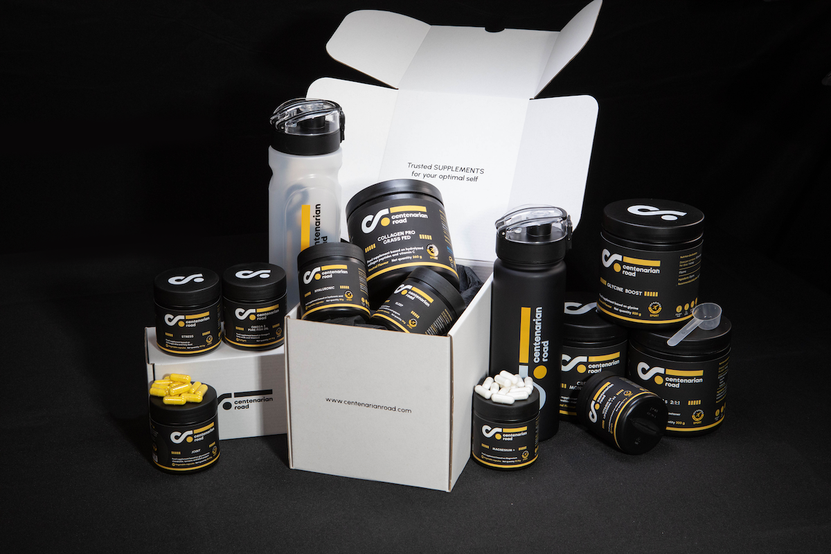 Gama de productos Centenarian Road con suplementos para salud, rendimiento deportivo, recuperación física, bienestar y longevidad activa
