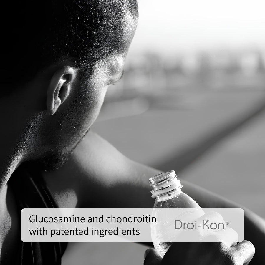 Man seen from behind with messaging about DROI-KON® glucosamine and chondroitin for joint support