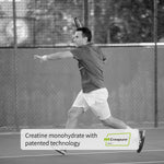 Male tennis player about to hit an overhead shot with messaging about Centenarian Road Creapure® creatine