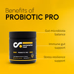 Informational image in English showing probiotic supplementation benefits for gut balance, digestion, immune support and microbiome care
