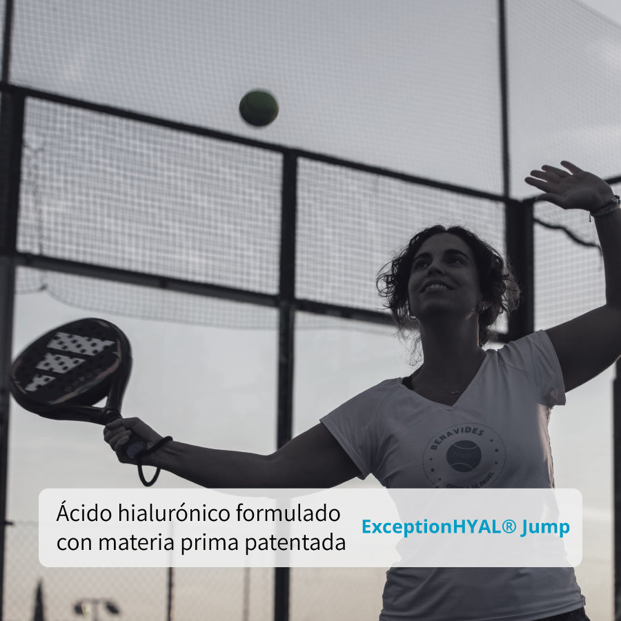 Representación visual del hialuronato sódico con patente Exceptional HYAL Jump® para apoyar articulaciones, piel y salud visual