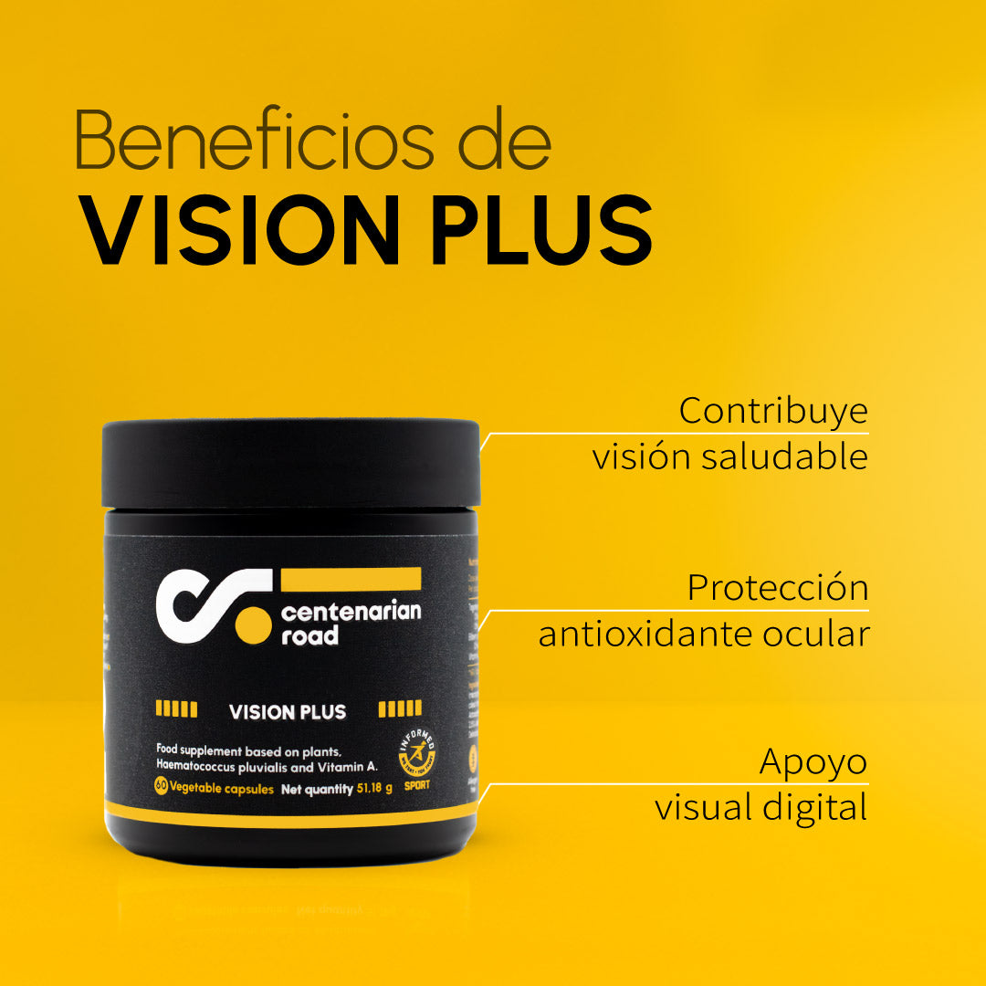 Infografía Vision Plus Centenarian Road – visión saludable, protección antioxidante ocular y apoyo visual digital