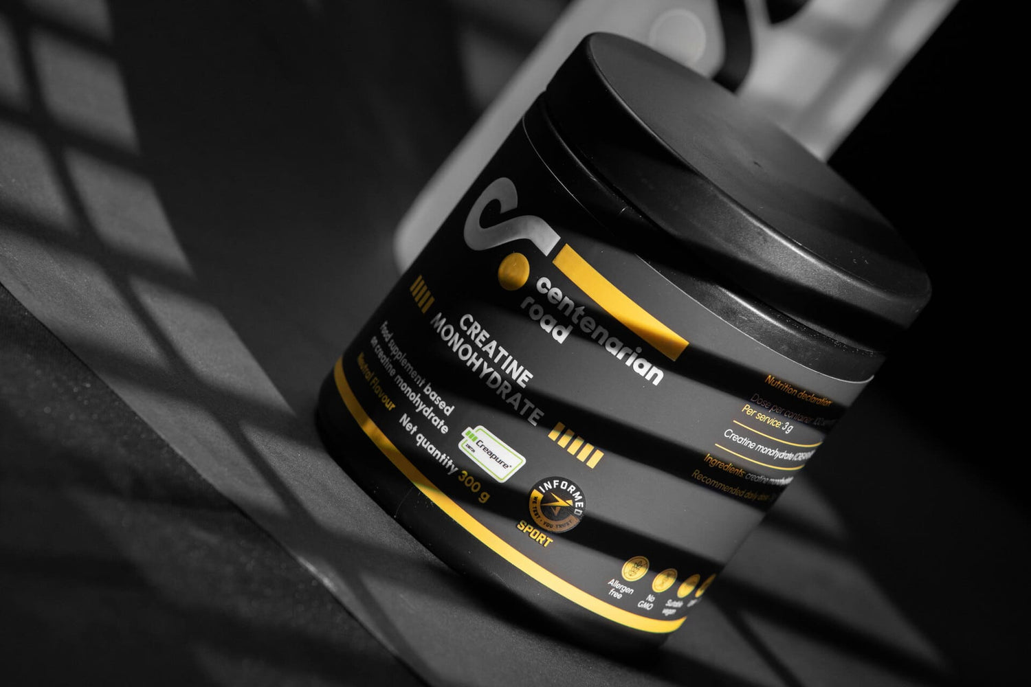 Suplemento de creatina de Centenarian Road, ideal para el crecimiento muscular, aumentar la fuerza y mejorar la energía durante los entrenamientos intensos.
