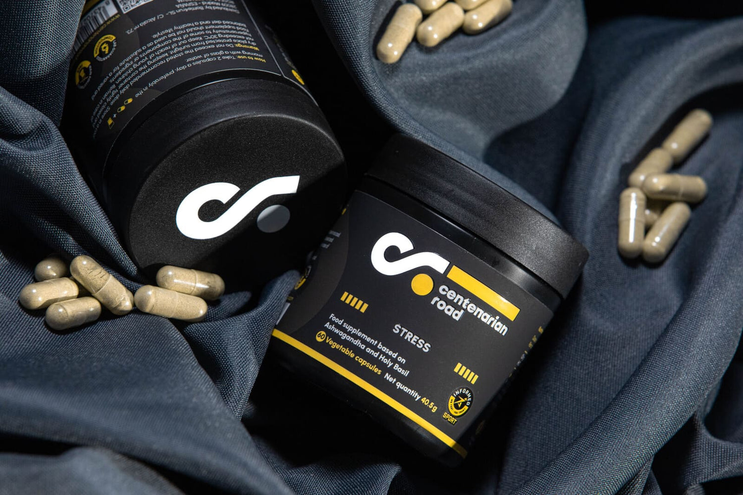 Stress supplement from Centenarian Road, designed to reduce anxiety and promote relaxation for better mental health and overall well-being.