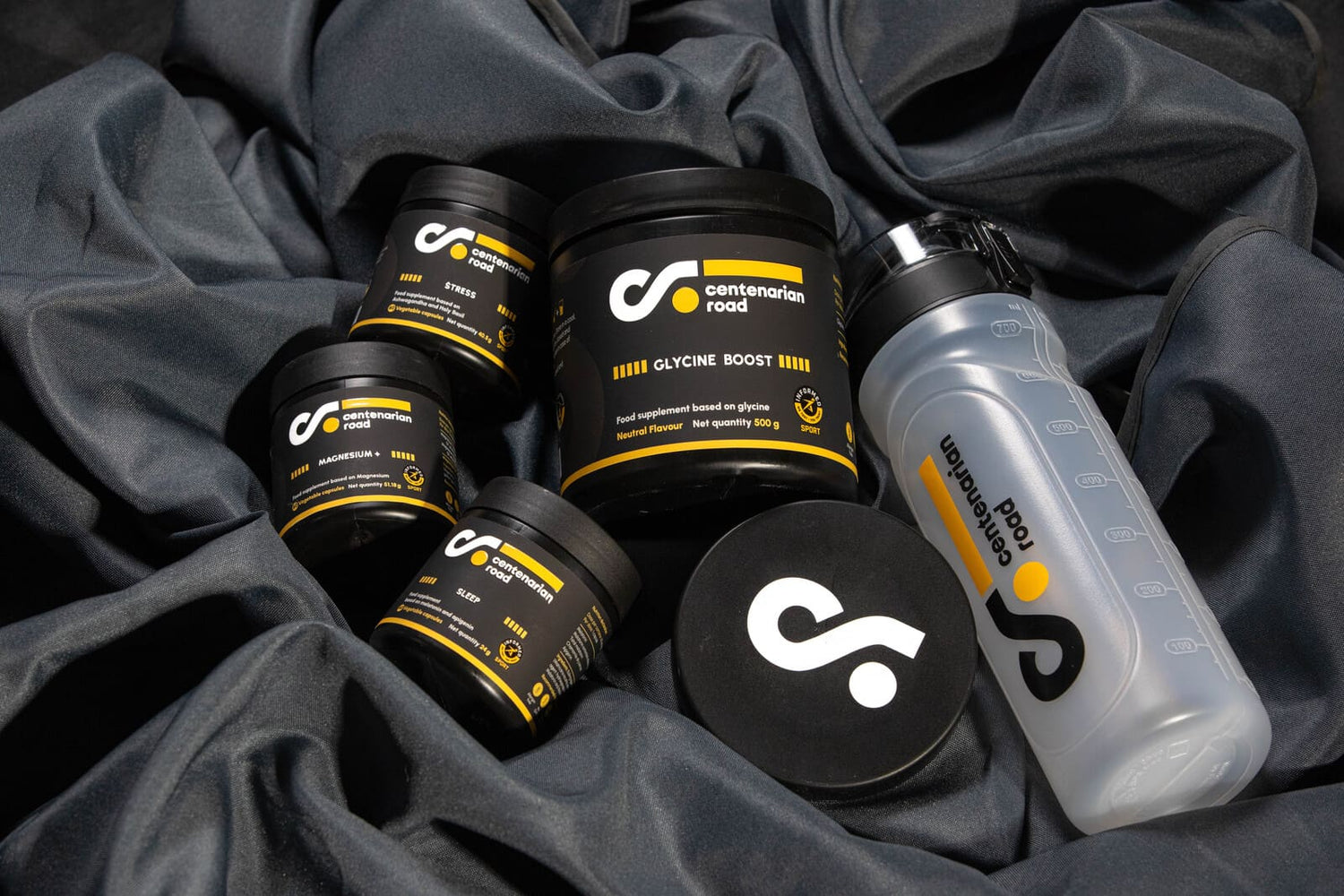 Productos de Centenarian Road, incluyendo glicina, estrés, magnesio y sleep, de marcas de suplementos certificadas, formulados para mejorar el bienestar general.
