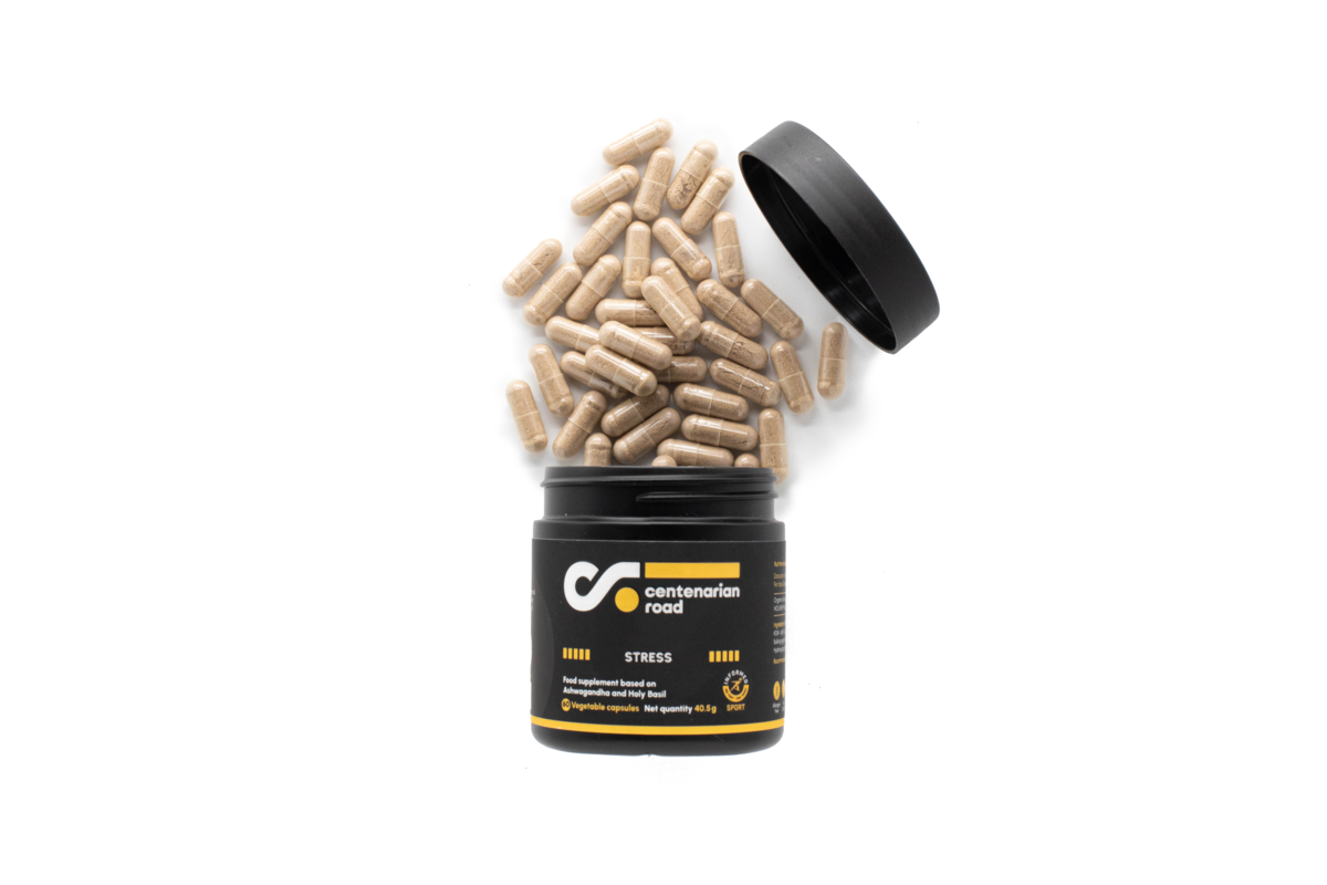 Suplemento para el estrés Centenarian Road con ashwagandha y albahaca sagrada - suplementos naturales para ansiedad, cortisol y equilibrio emocional